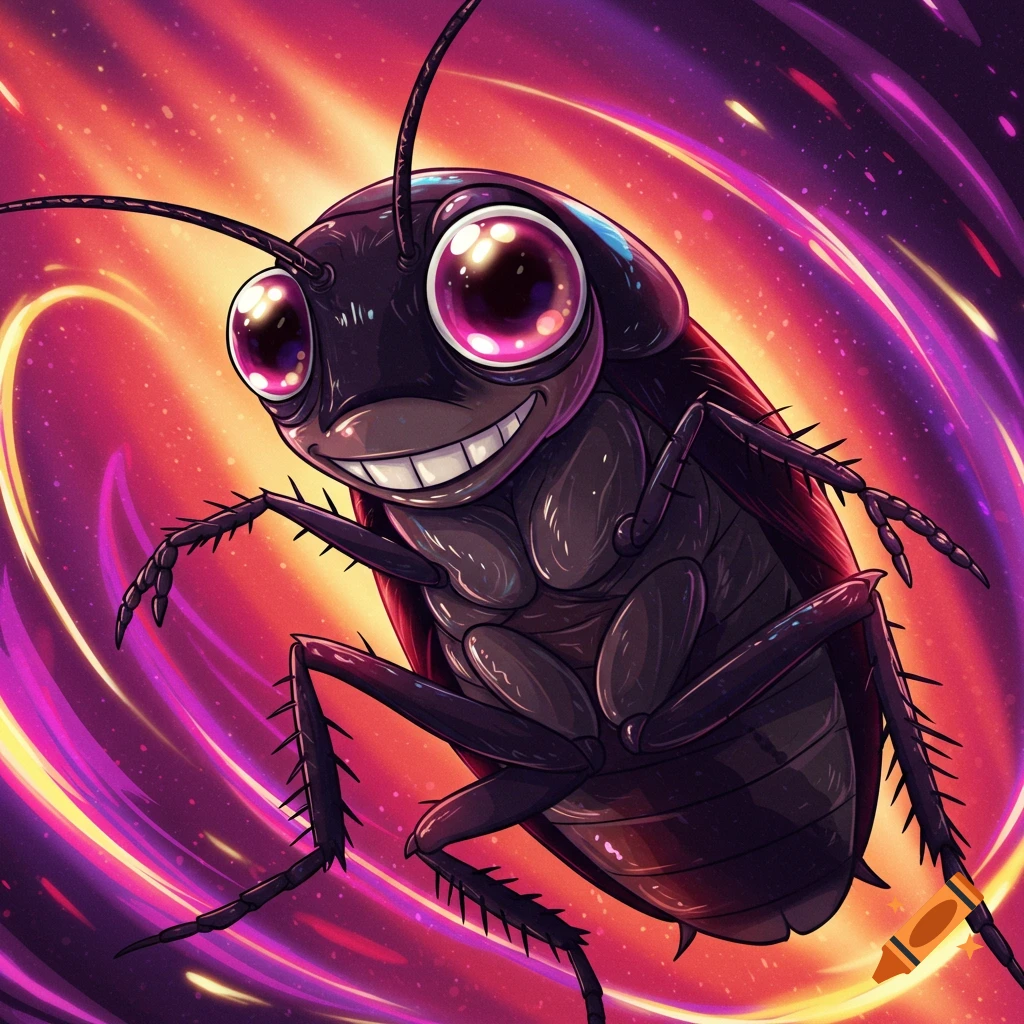 A smiling cartoon cockroach with big eyes against a swirling orange and purple background.