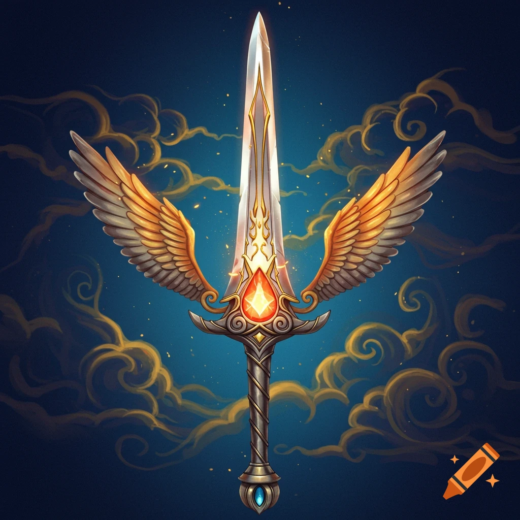 A winged fantasy sword with a red gem is set against a cloudy sky.