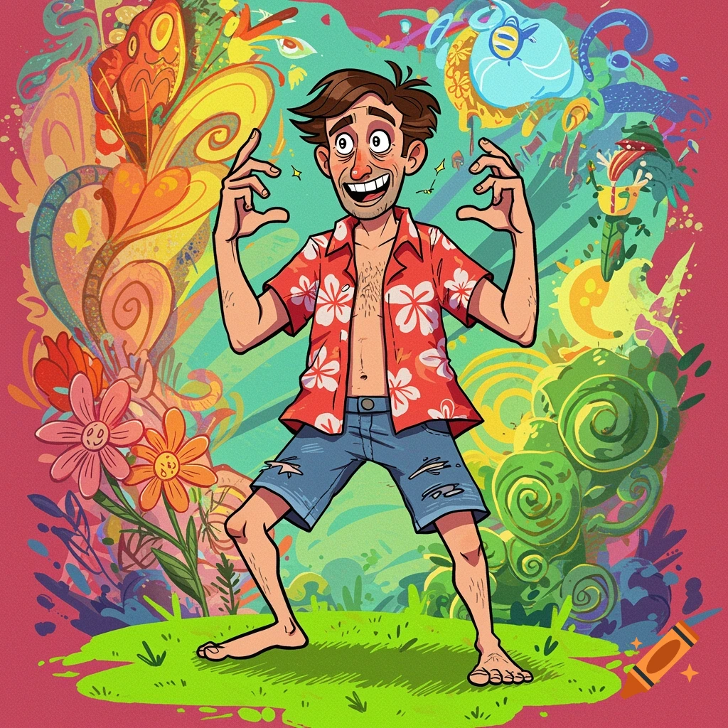 A vibrant comic book style illustration of a cartoon man gesturing excitedly, surrounded by colorful abstract shapes and flowers.