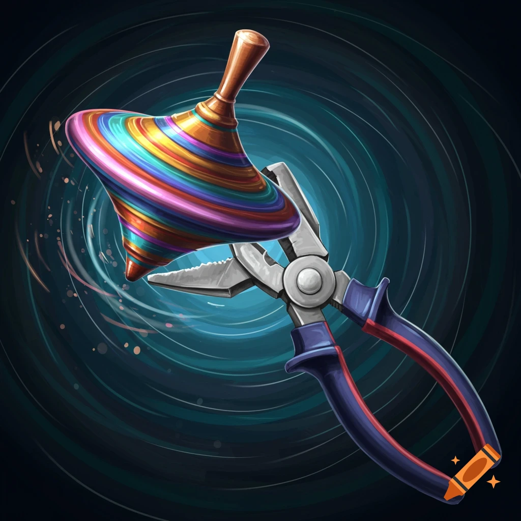A colorful spinning top is held by a pair of pliers against a swirling background.