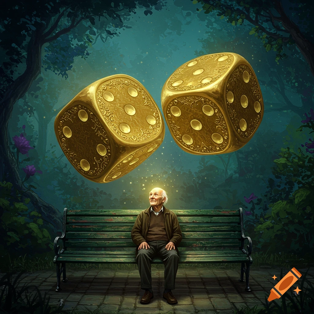An elderly man sits on a bench in a mystical forest as giant golden dice float above him.