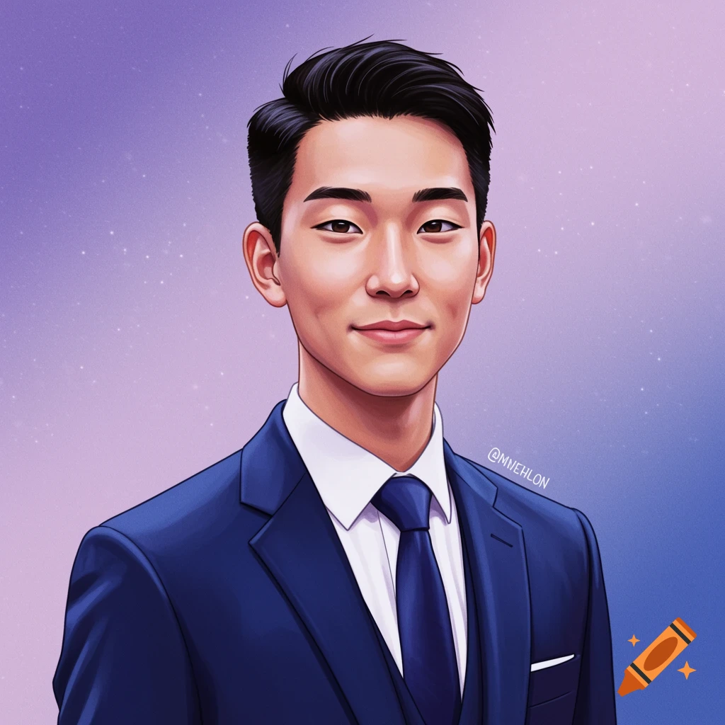 A young East Asian man in a navy suit against a purple and blue background.