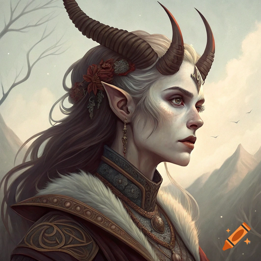 Portrait of a female fantasy creature with horns and pointy ears in ornate armor against a mountain background.