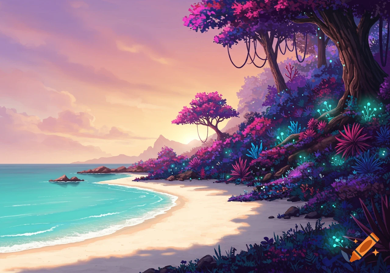 A beach leads to a vibrant, glowing magic forest at sunset.