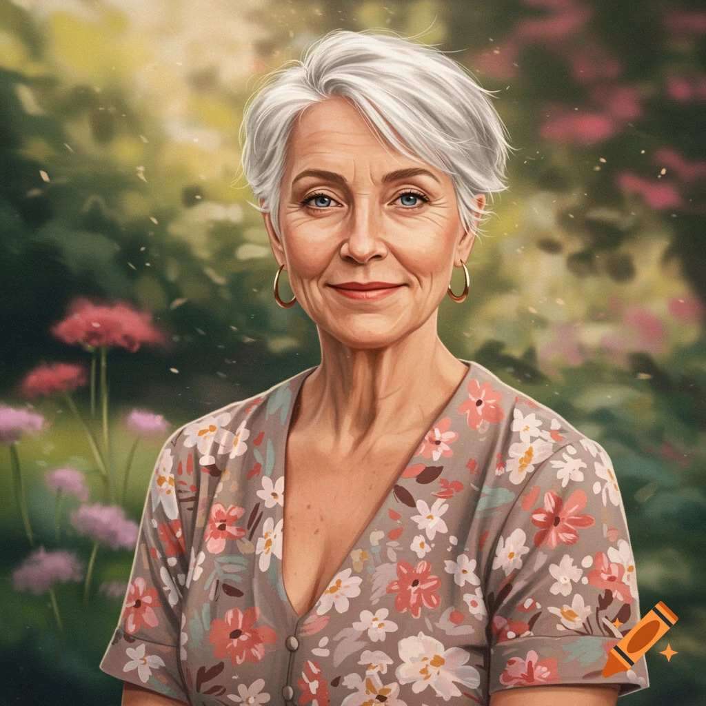 Portrait of a smiling older woman with silver hair and a floral dress in a garden setting.