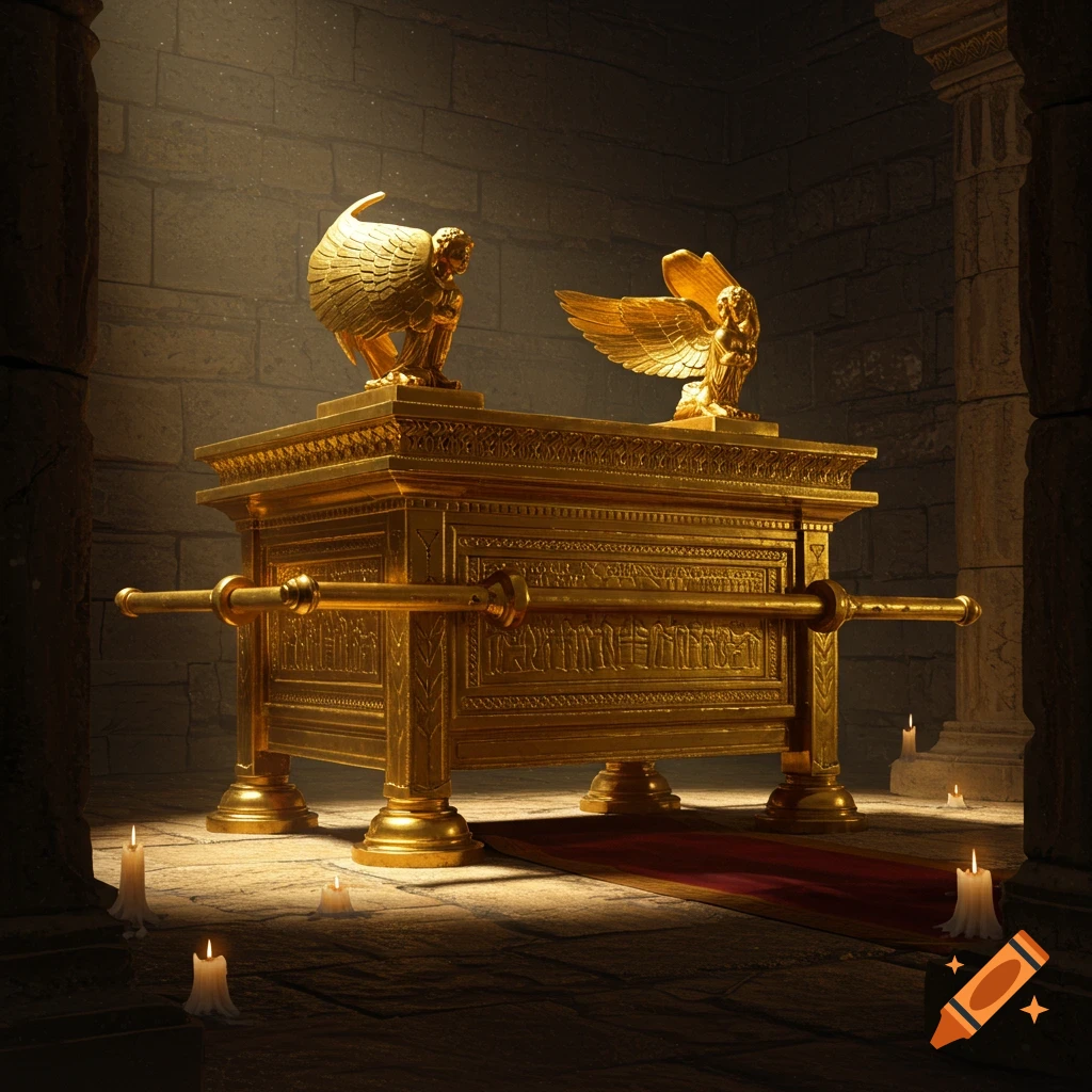 Gold Ark of the Covenant with cherubim in a dark, candlelit chamber.