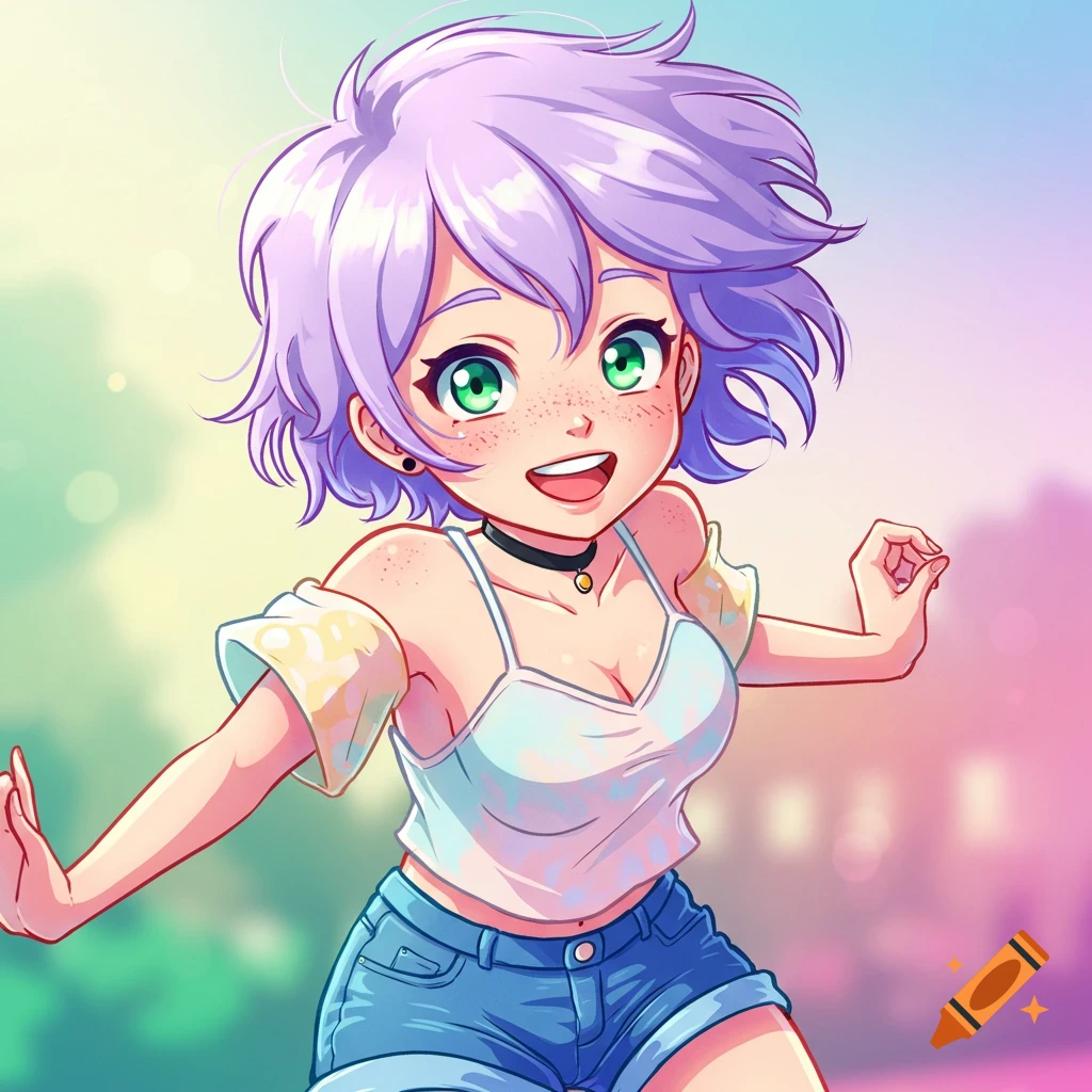 Anime character with purple hair, green eyes, and freckles, smiling and running, in a colorful background.