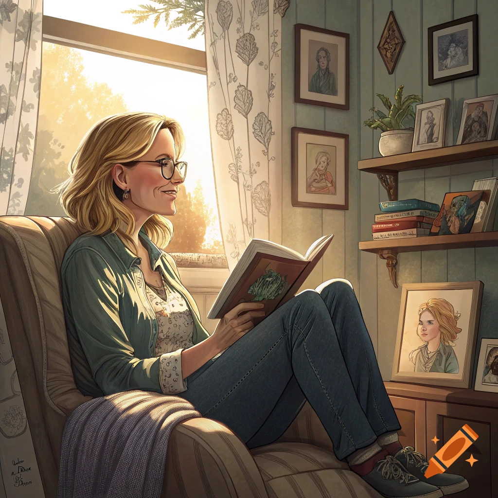 A woman with glasses sits in an armchair reading a book in a sunlit room.