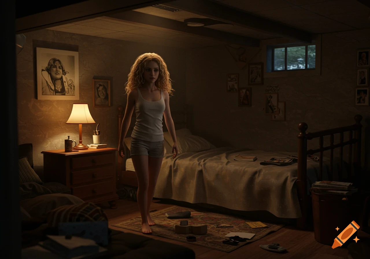 A young woman with curly blonde hair stands in a dimly lit, messy basement bedroom.