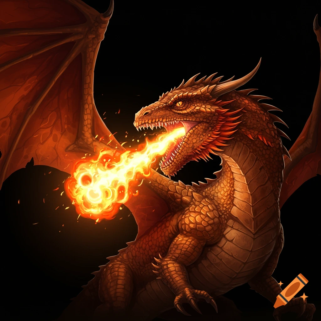 An orange dragon breathing fire.