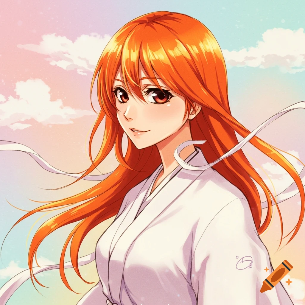Anime portrait of a woman with orange hair in a white kimono against a pastel sky.