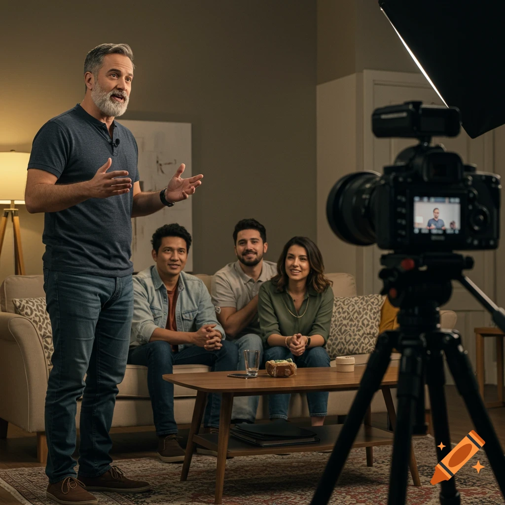 A man stands speaking and gesturing in front of three people sitting on a couch, being recorded by a camera on a tripod.