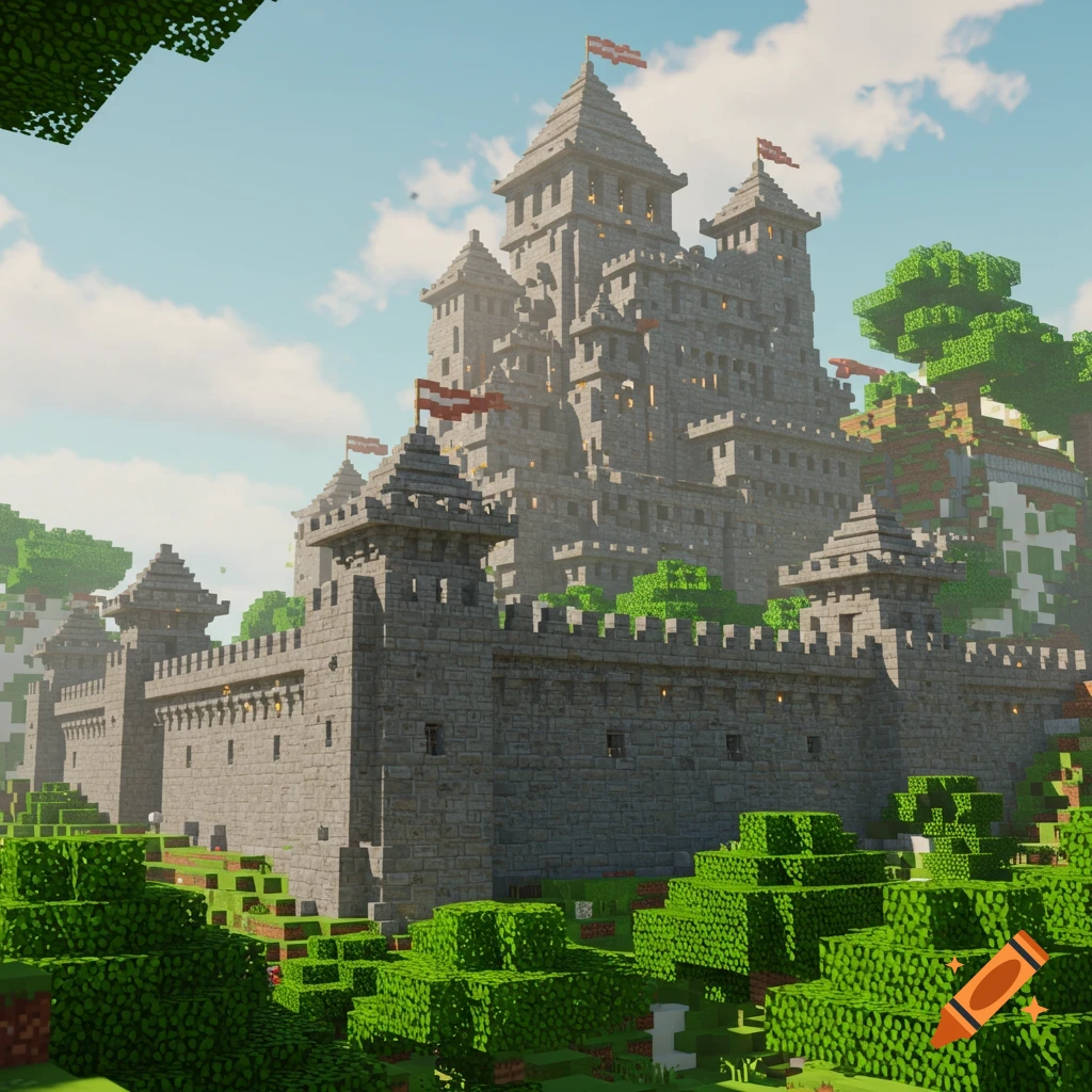 A large blocky stone castle with towers and flags, surrounded by blocky green trees under a blue sky.