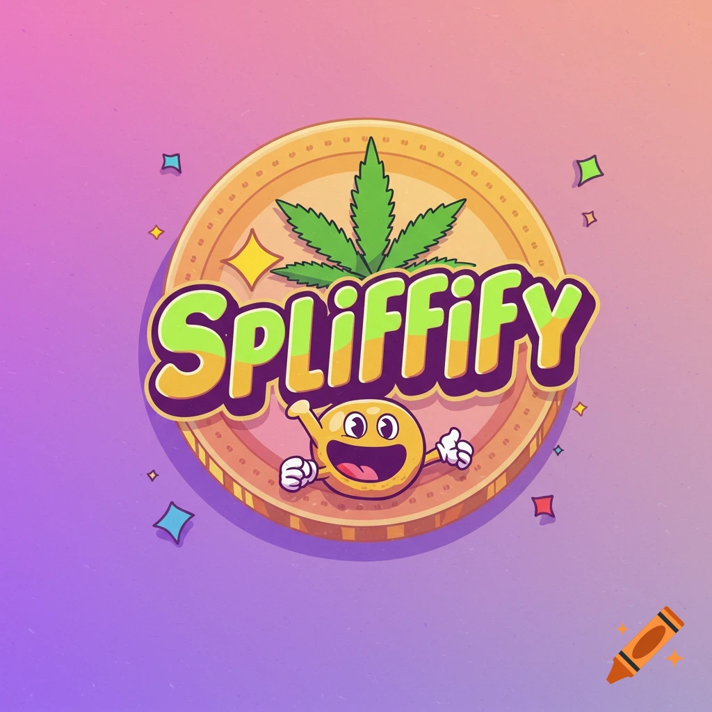 Cartoon logo on a gradient background featuring a gold coin, a cannabis leaf, a smiling yellow character, and the text 'Spliffify'.