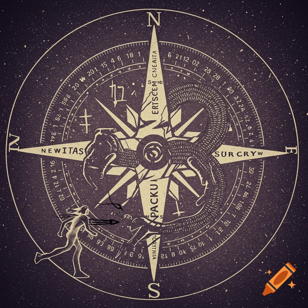 Stylized compass with a dragon wrapped around it and a figure running on the dial, on a starfield background.