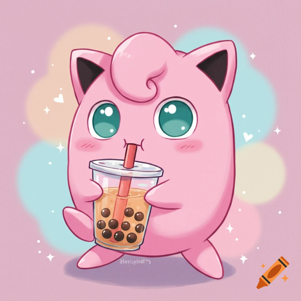 Illustration of Jigglypuff drinking boba tea