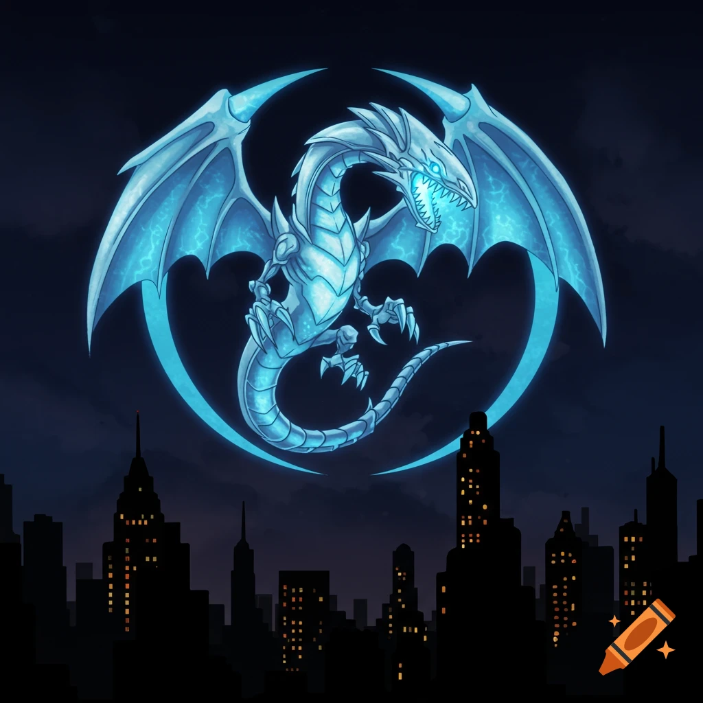 A glowing blue and white dragon flies over a city skyline at night, its wings forming a circular shape.