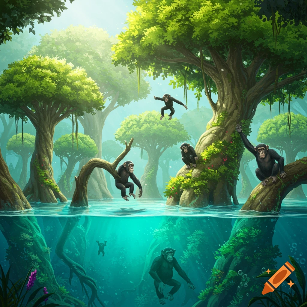 Chimpanzees in a flooded jungle with trees growing out of water