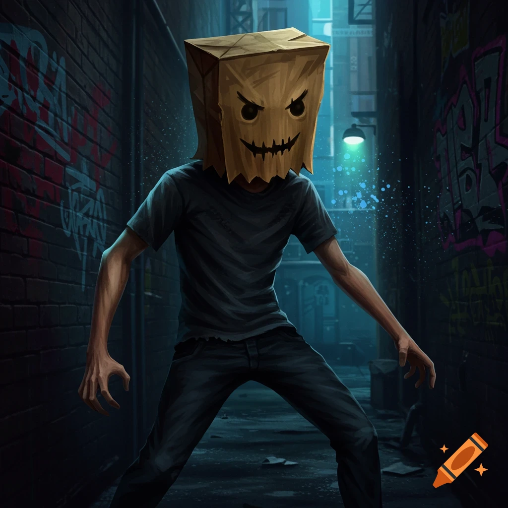 A person wearing a creepy paper bag mask stands in a dark alley filled with graffiti.