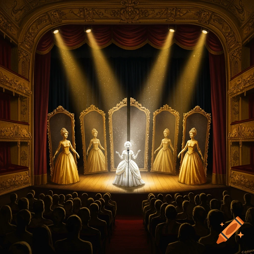 A woman sings on a theater stage surrounded by mirrors reflecting figures in golden dresses, with an audience visible.
