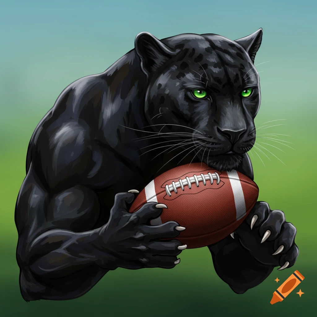 A muscular black panther is holding a football.