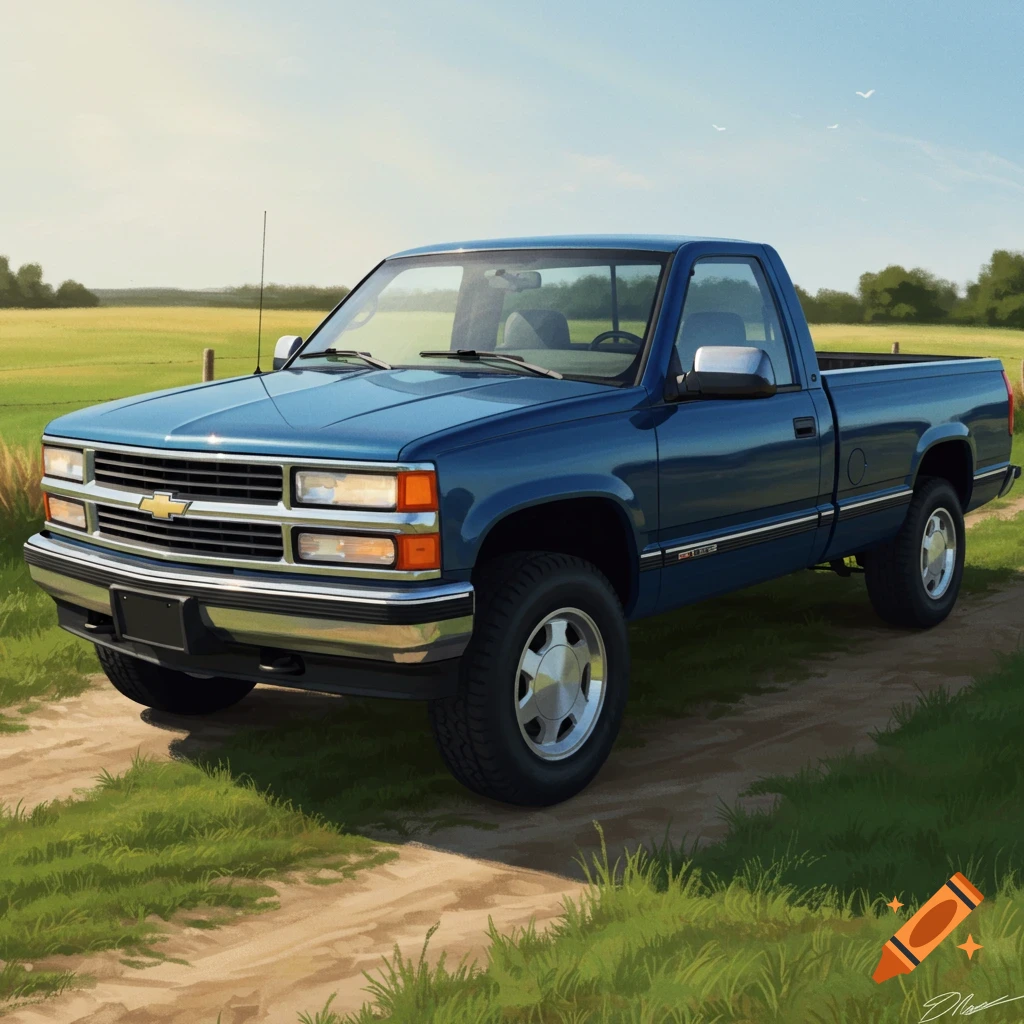 A blue pickup truck is parked on a dirt road in a field.