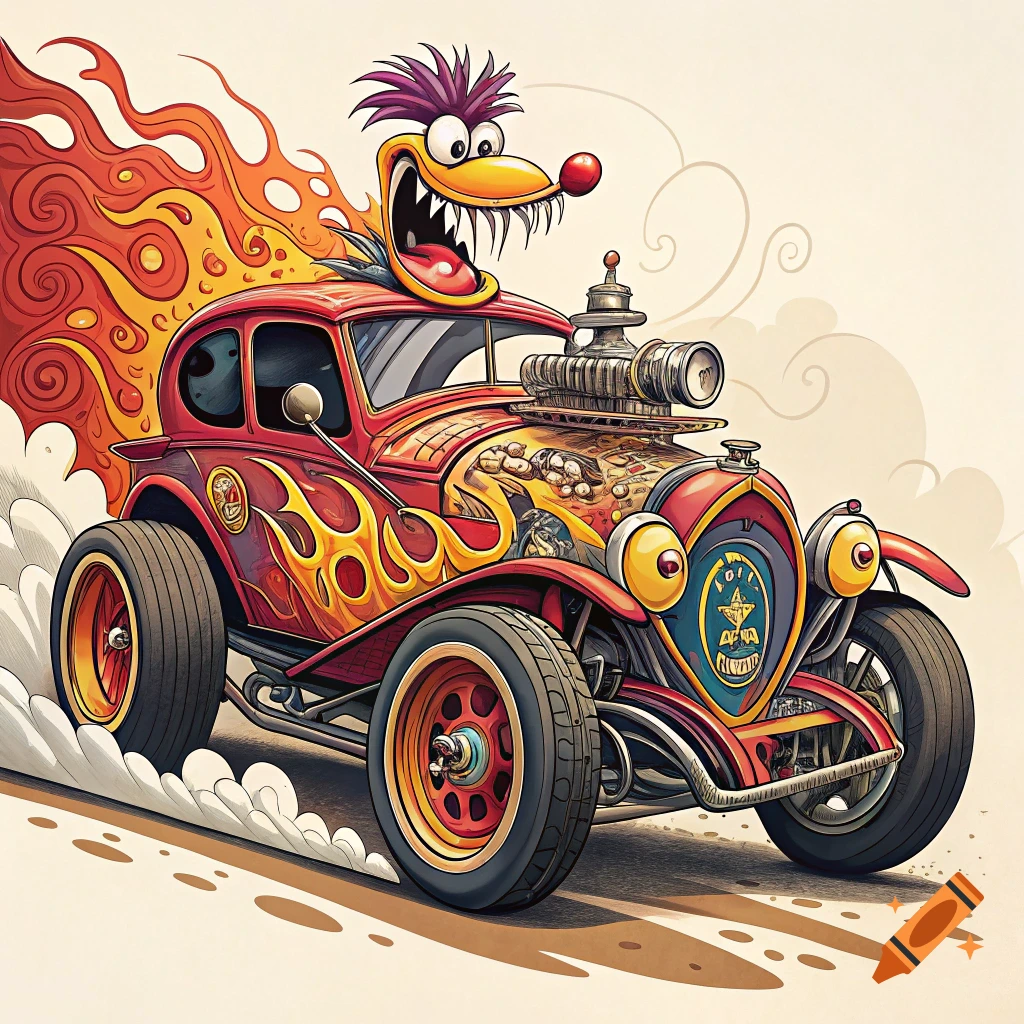 Cartoon hot rod car with flames and a monster face in Ed Roth style.