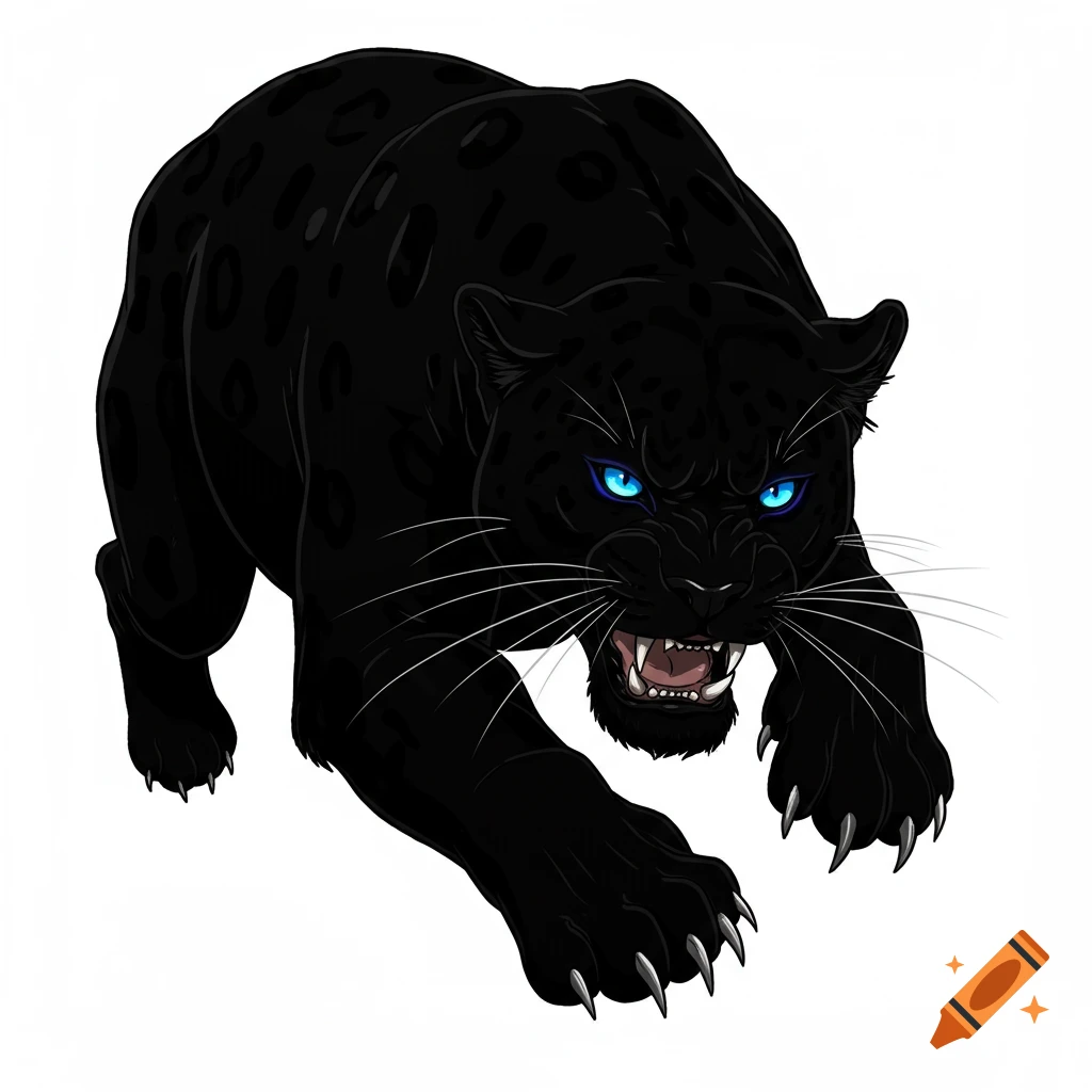 An anime-style illustration of a black panther with glowing blue eyes leaping forward and roaring.