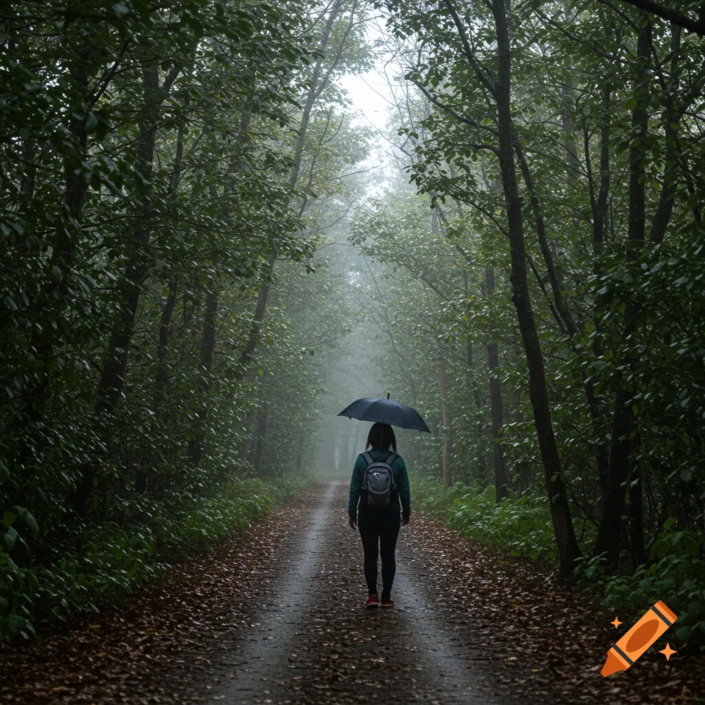 Person walking away on a misty forest path with an umbrella.