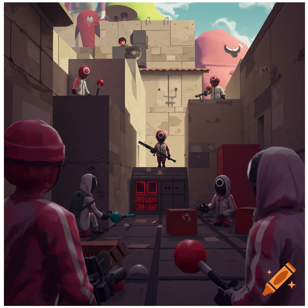 Stylized illustration of Squid Game guards and players in an urban arena.