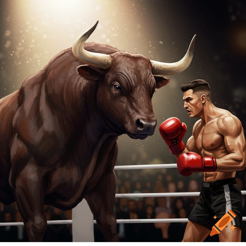 A boxer in a ring faces off against a large bull.