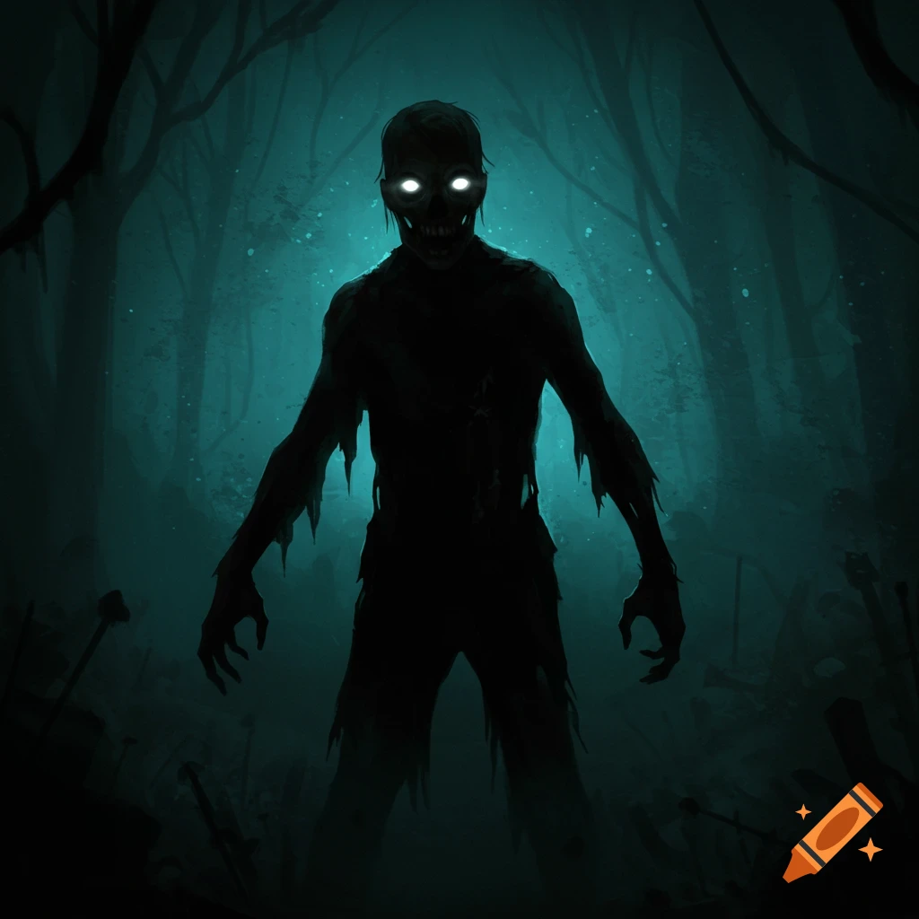 Silhouetted zombie with glowing white eyes in a dark, eerie forest.