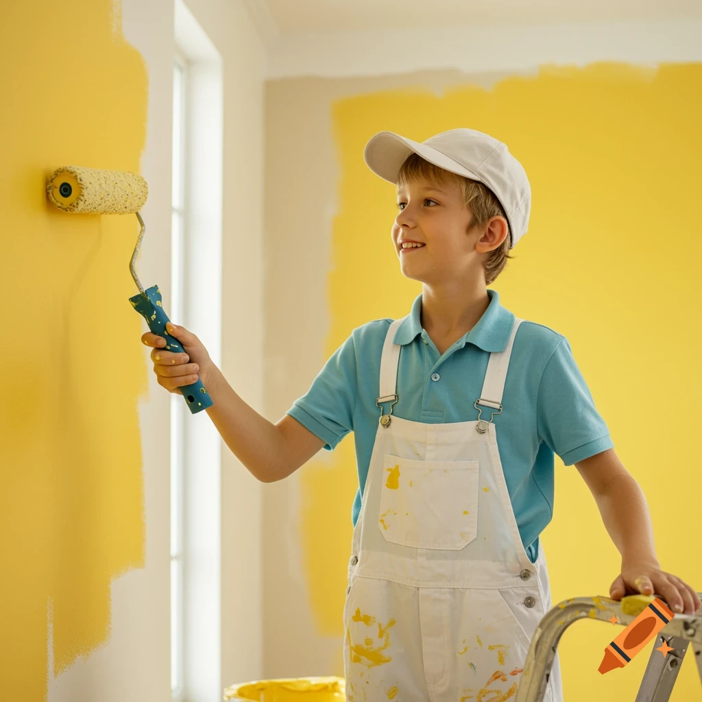 Young boy in overalls and cap painting a yellow wall with a roller.