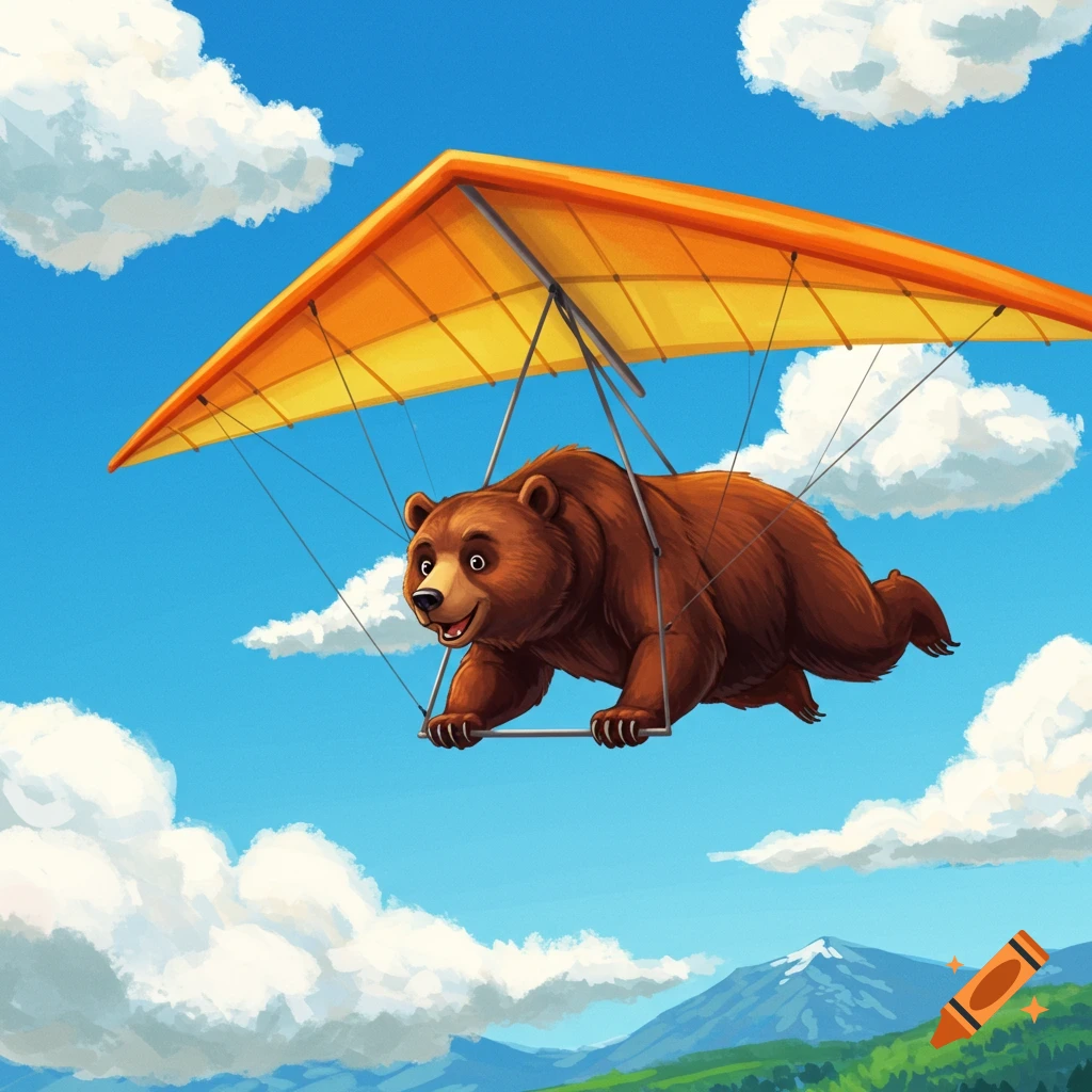 A cartoon brown bear hang gliding in a blue sky over mountains.