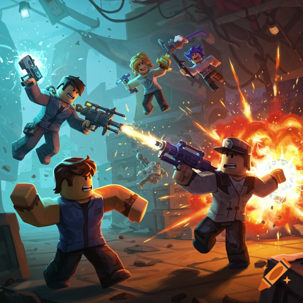 A chaotic combat scene featuring Roblox characters engaged in battle, with guns and explosions.