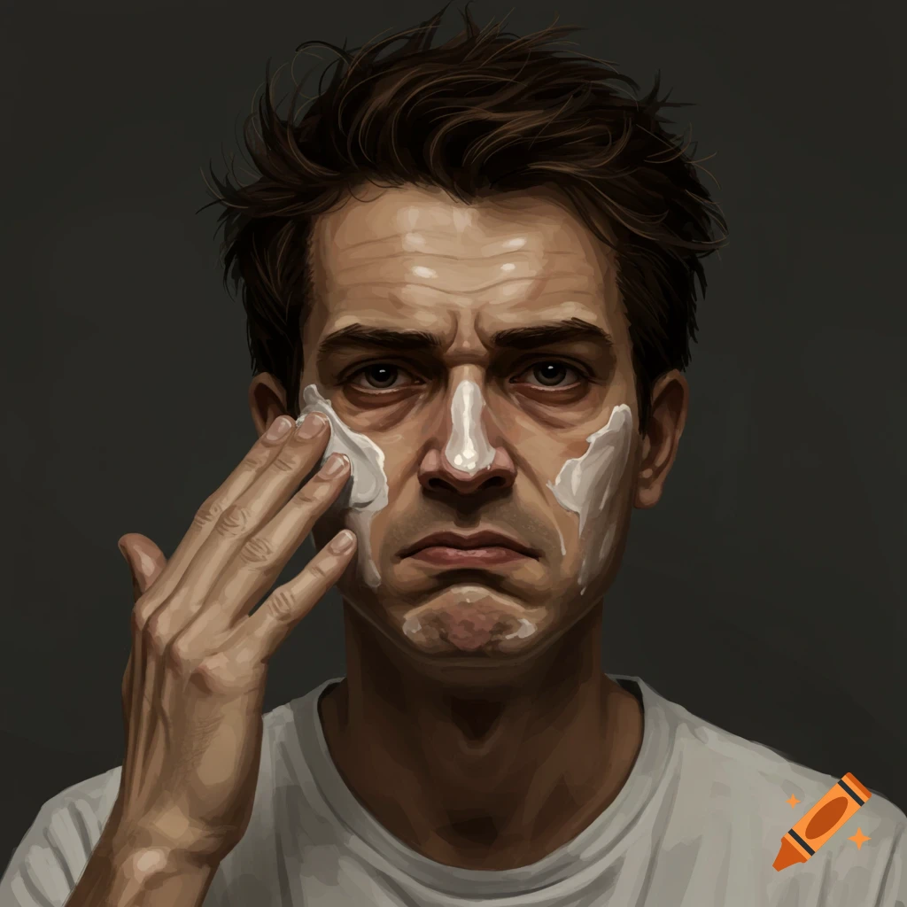 Annoyed man applying cream to his face.