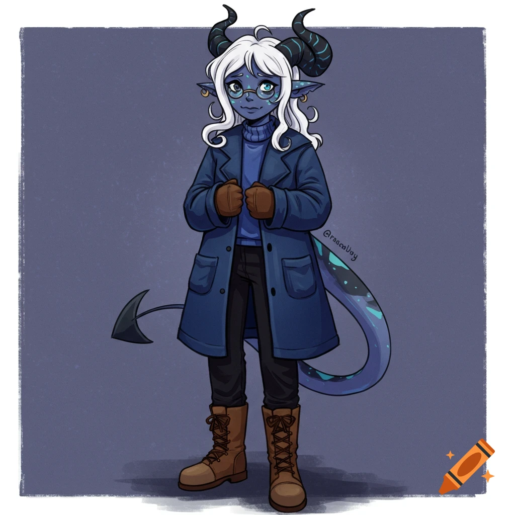 A blue-skinned fantasy character with horns, white hair, glasses, and a tail stands wearing a blue coat, sweater, and boots. Illustrated.