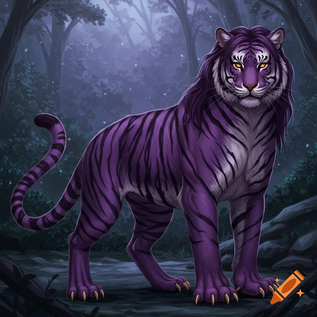 Purple tiger-like creature with dark stripes and long hair stands in a dark forest.