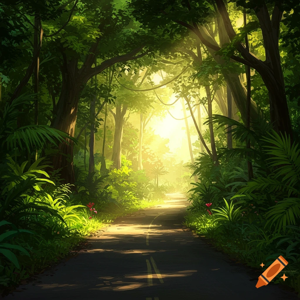 A road leading through a sunlit jungle.