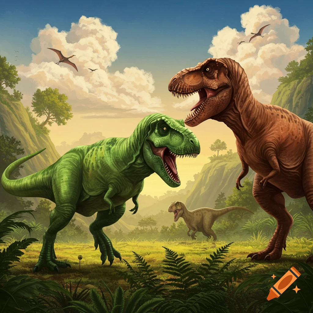 Two T-Rex dinosaurs roaring in a prehistoric landscape.