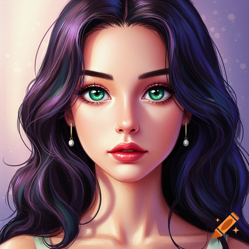 Anime portrait of a young woman with long dark hair and green eyes.