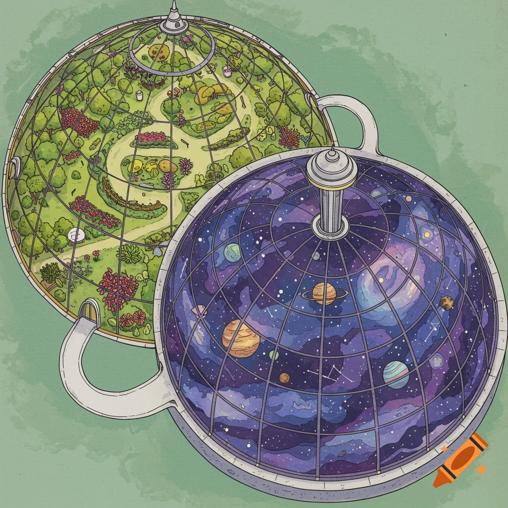Detailed illustration of two connected glass domes, one with a garden, the other with a view of space.