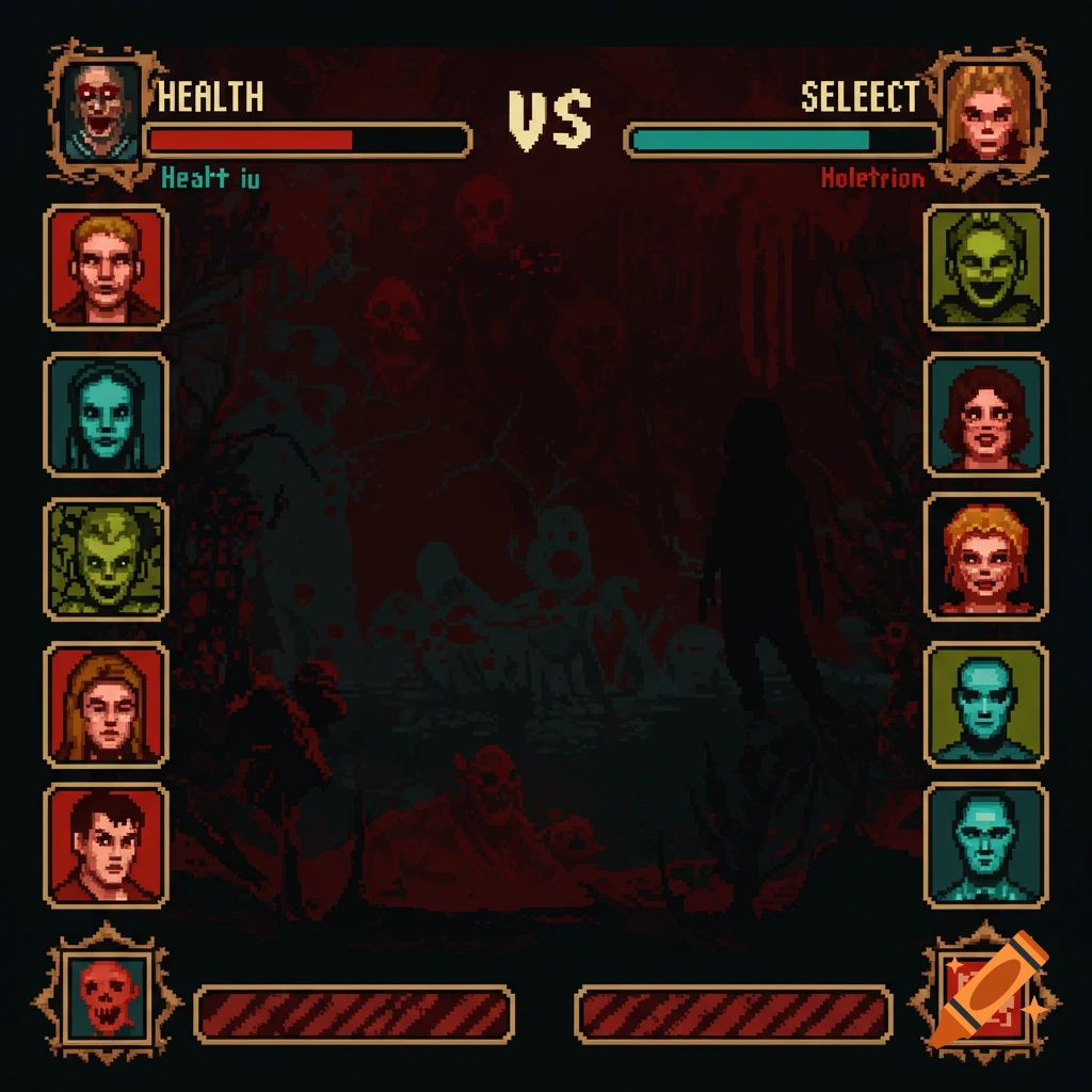 Retro pixel art fighting game UI with character portraits and horror background