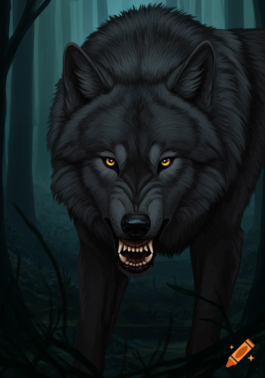 A snarling black wolf with glowing yellow eyes in a dark forest.