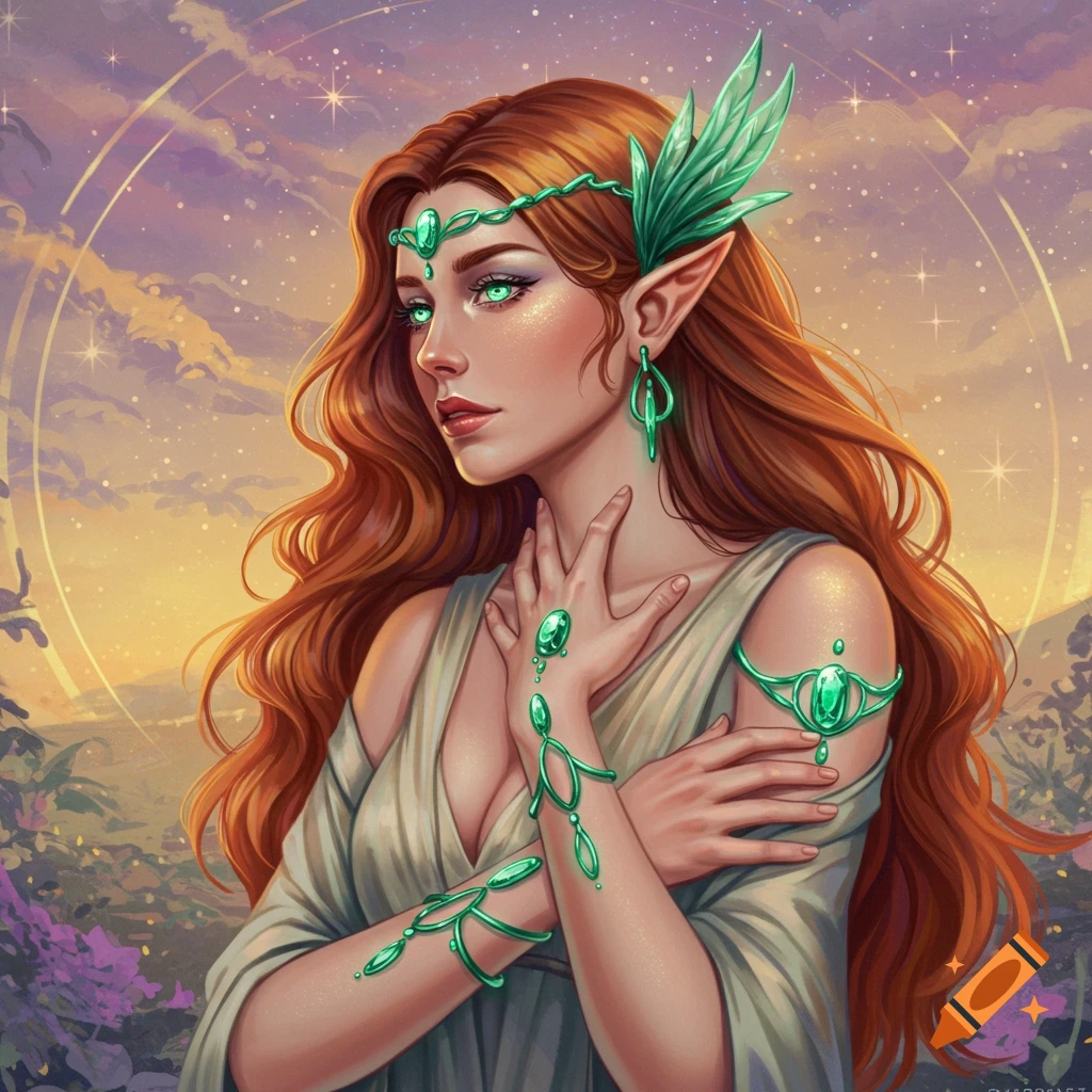 A fantasy woman with long red hair, green eyes, elf ears, and green gem jewelry against a sunset sky.