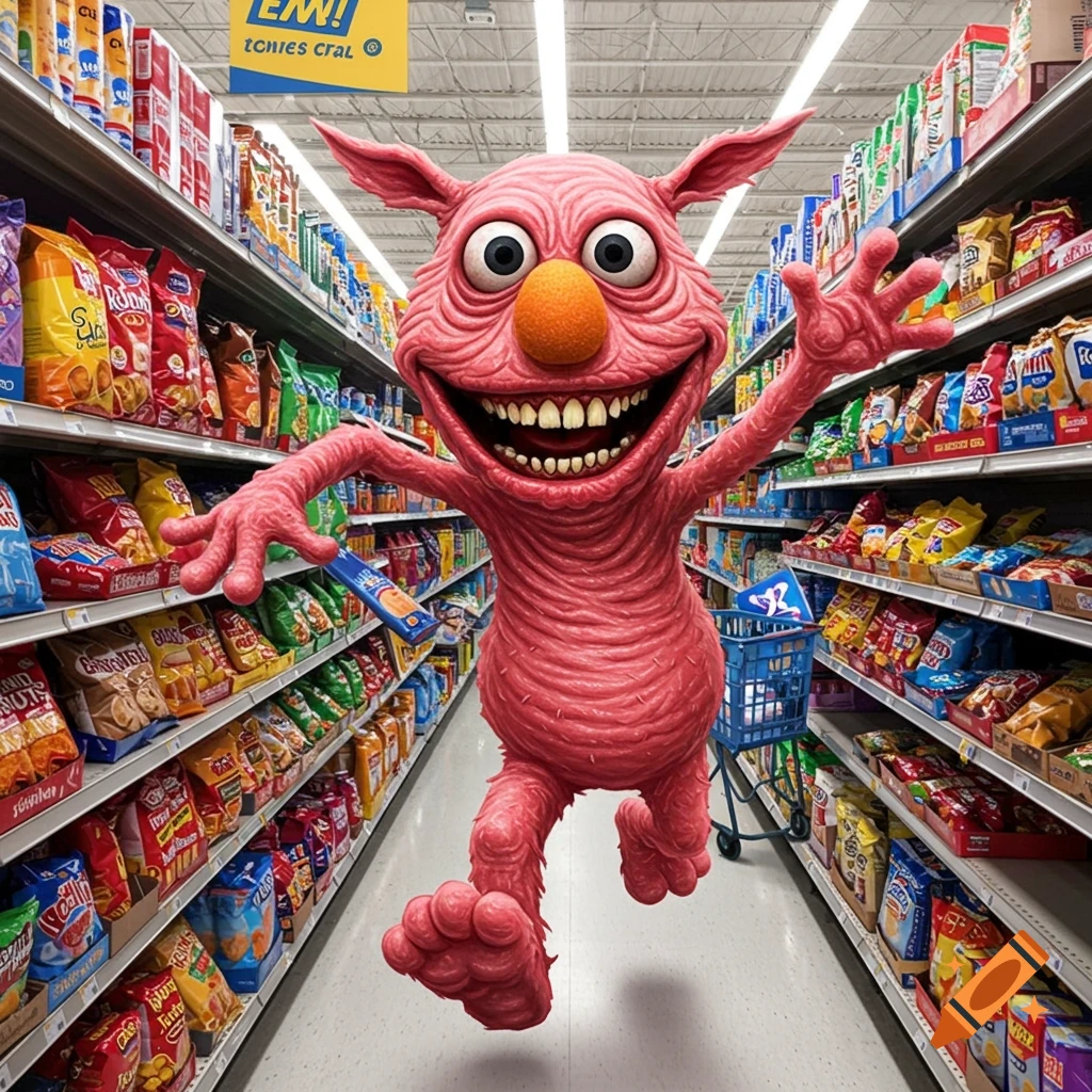 A hairless, ugly pink monster resembling Elmo runs through a supermarket aisle, holding a package.
