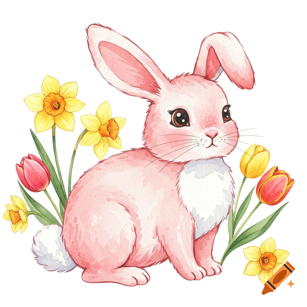 Watercolor illustration of a pink bunny with spring flowers