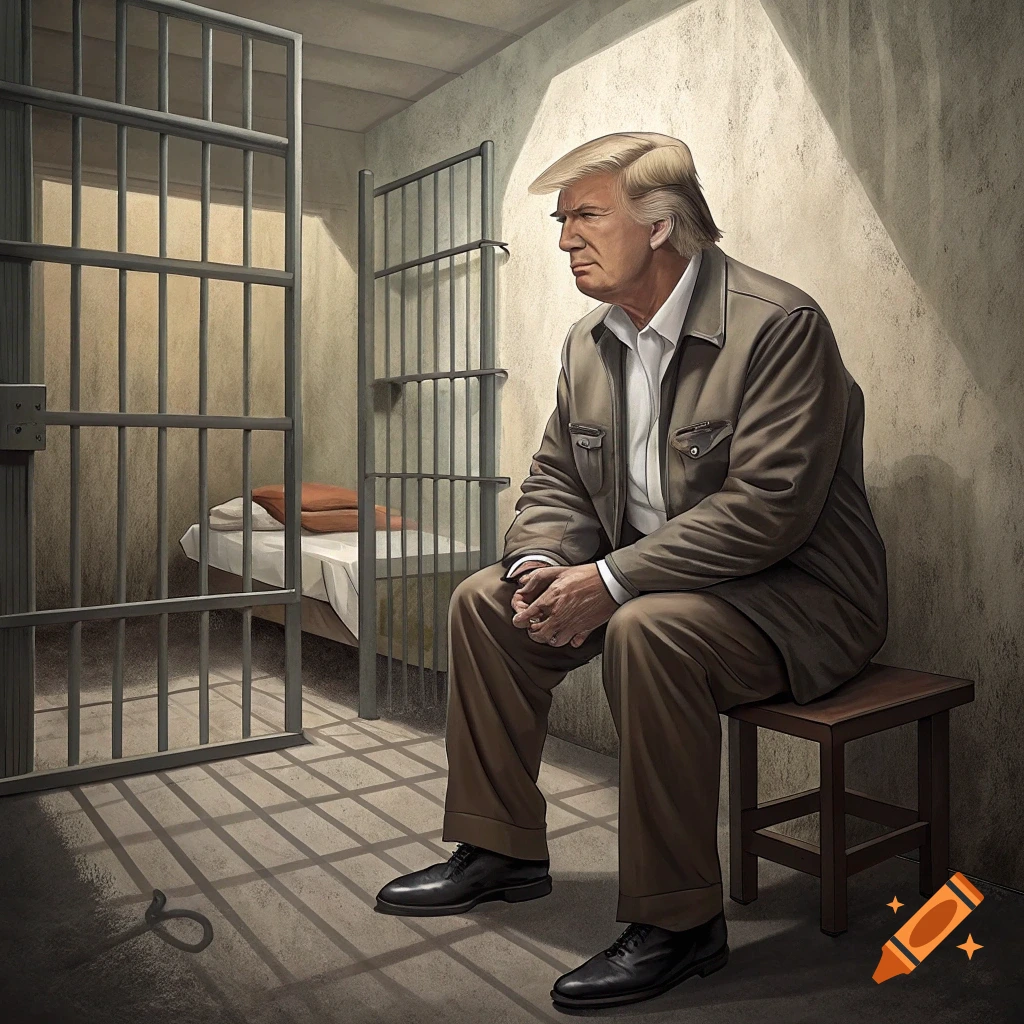 Donald Trump sitting on a stool in a prison cell