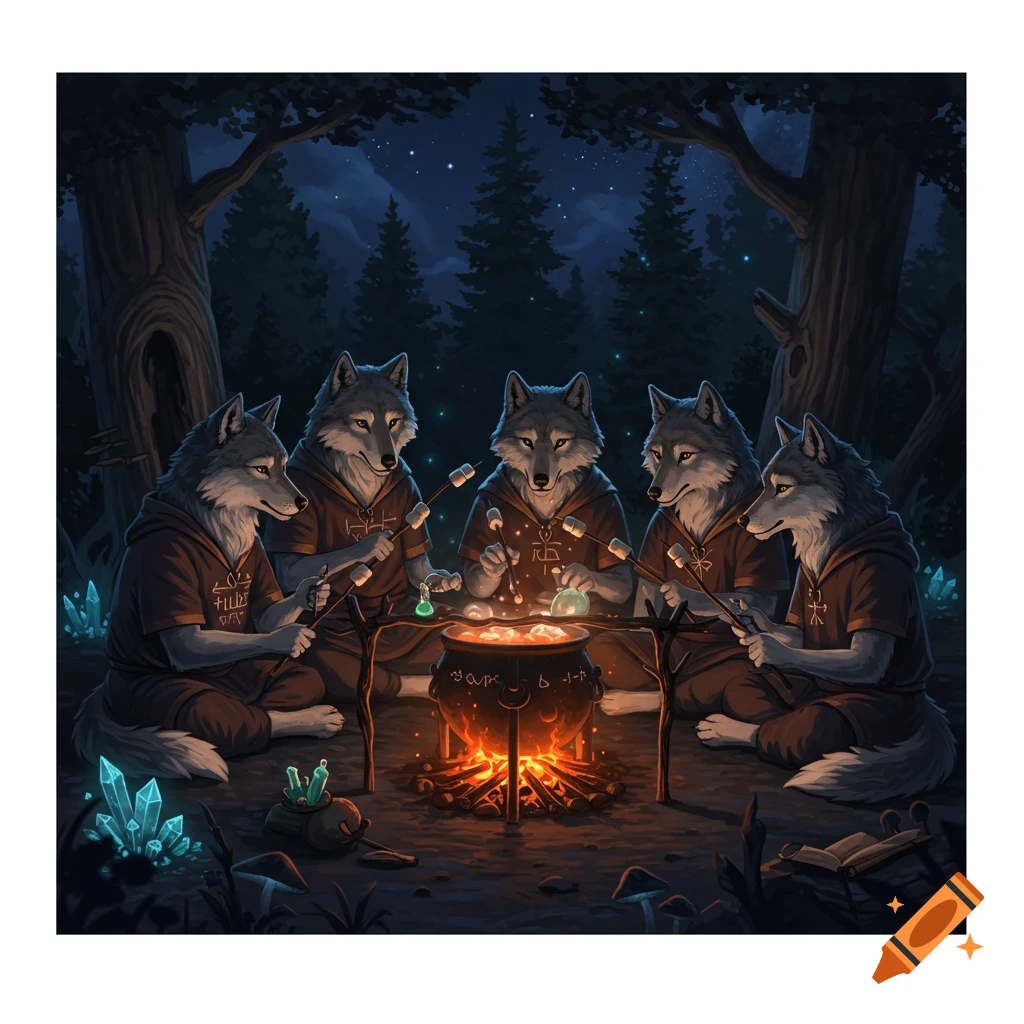Illustration of anthropomorphic wolves roasting marshmallows by a campfire at night.