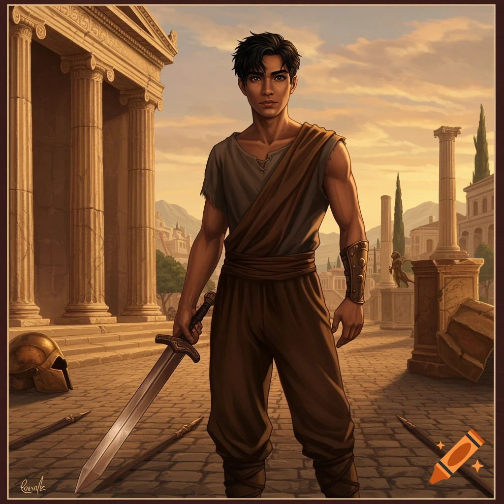 A young man in ancient Roman-style clothing and sword standing in ruins at sunset.